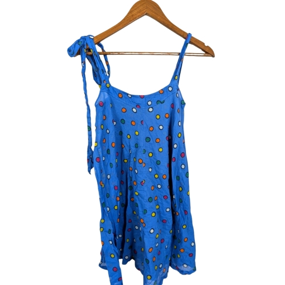 French Connection Pretty Blue Cotton Polka Dot Print Tie One Shoulder Mini Dress